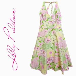 Lilly Pulitzer White Pastel Yellow/Pink/Lime Green Floral Halter Fit&Fla…
